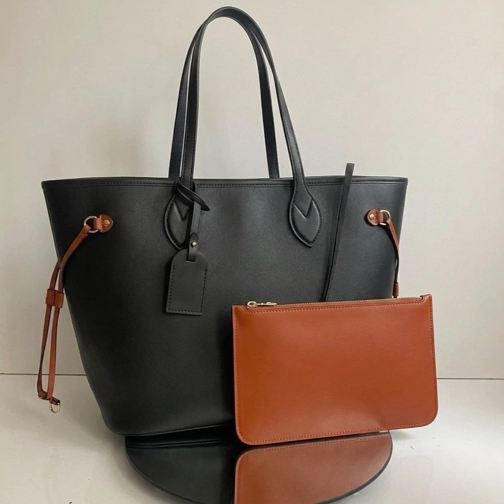 Large Black Leather Tote Bag with Pouch