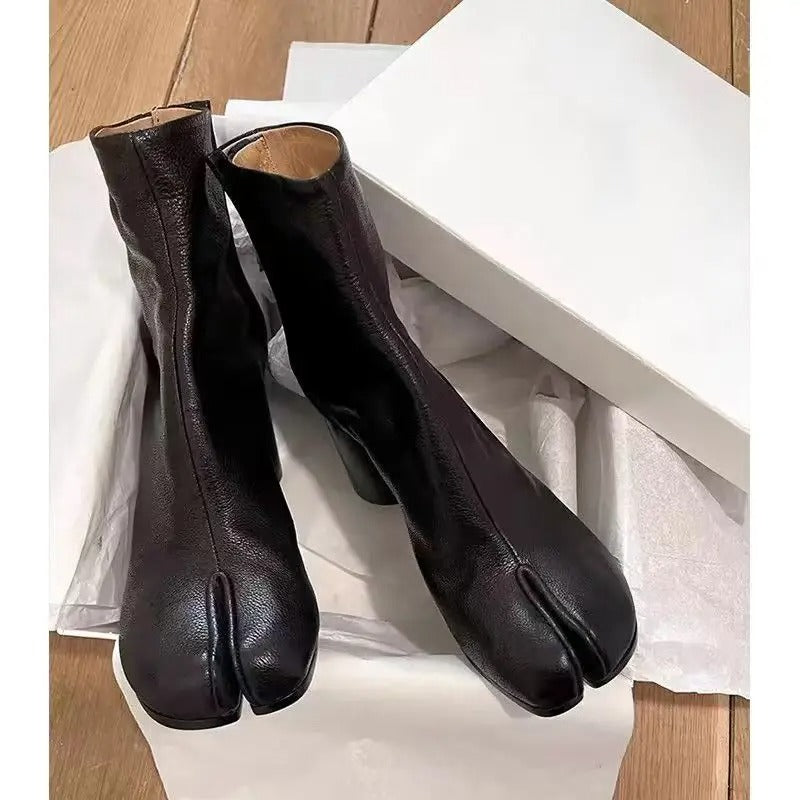 Tabi Split Toe Ankle Boots Genuine Leather Chunky
