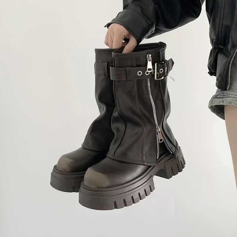 Winter Women Biker Boots Fashion Belt Buckle Ladies Elegant Platform Long Pipe Booties