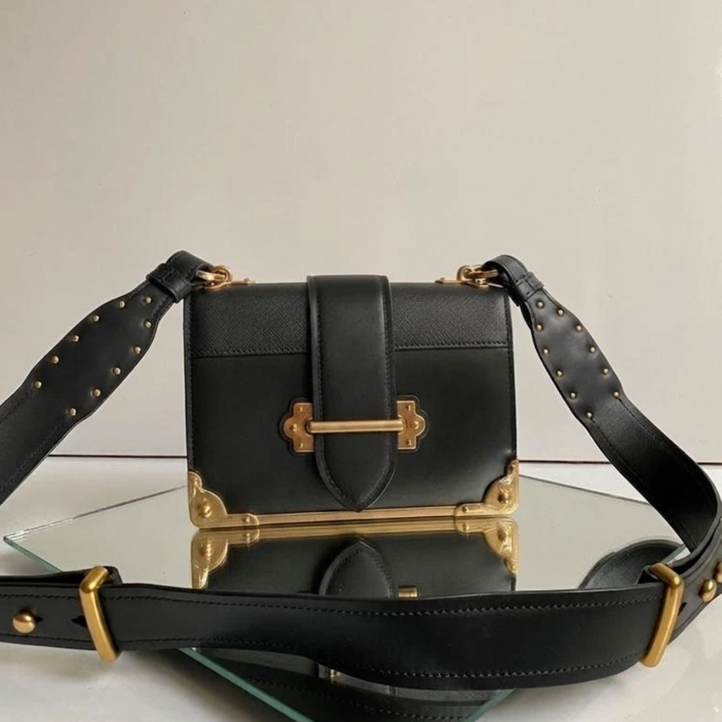 Black Crossbody Bag with Gold Details