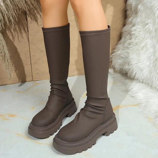 Elastic round Toe Booties Knee High Thick Heel Slip-On Women's Boots