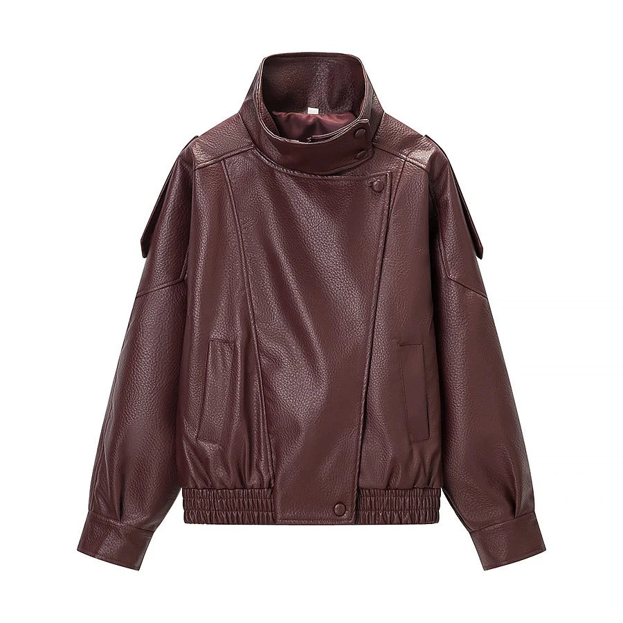 Fashionable Litchi Skin Leather Jacket Women's Street