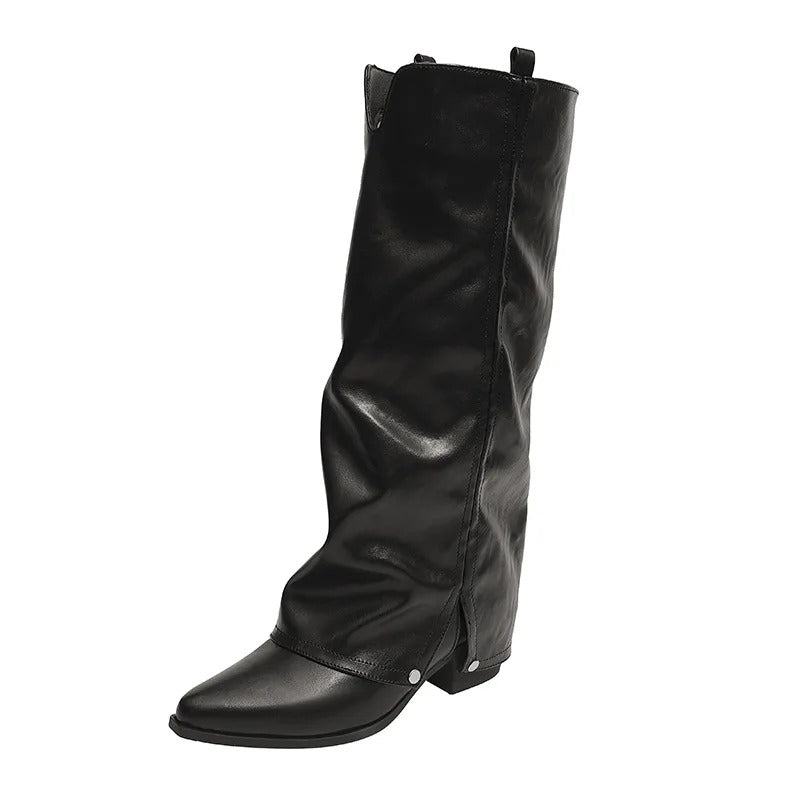 Women's Long Knight Boots Autumn Winter Thick Heel Pointed Toe Brown