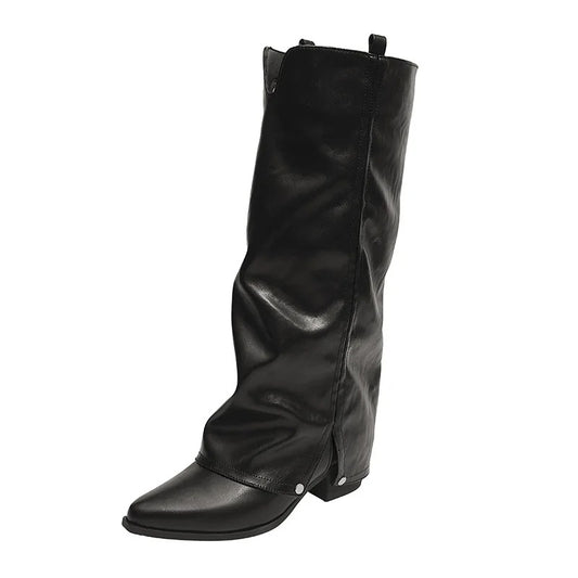 Women's Long Knight Boots Autumn Winter Thick Heel Pointed Toe Brown