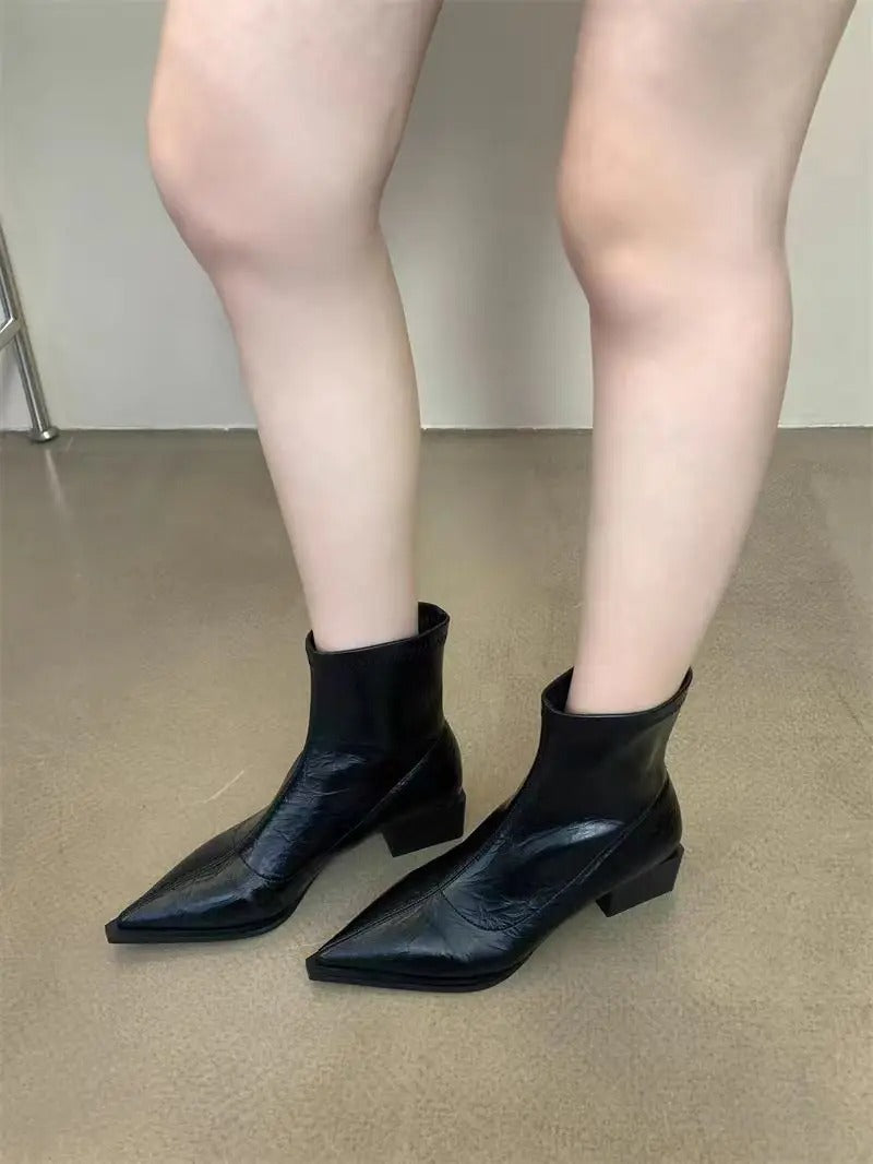 Women Pointed Ankle Boots Mid Heels Pointed Leather