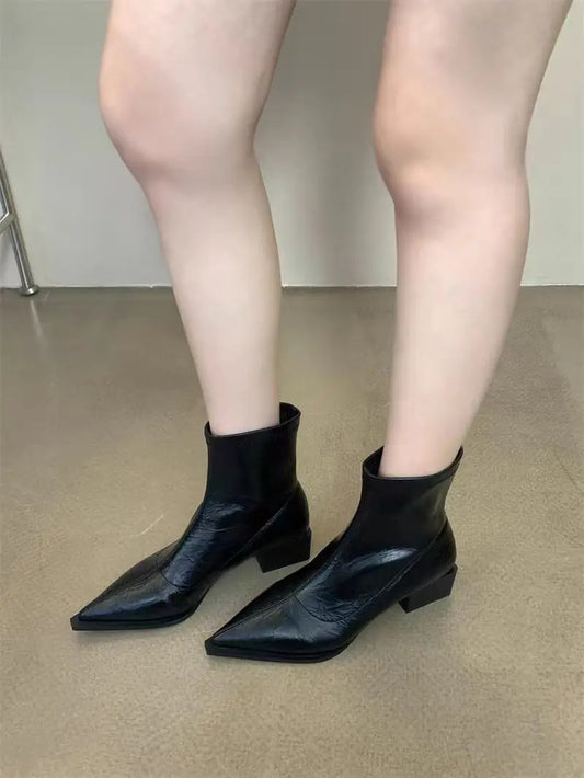 Women Pointed Ankle Boots Mid Heels Pointed Leather