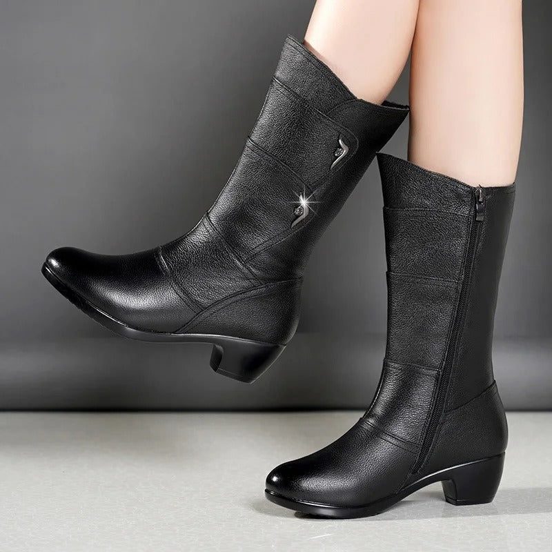 New Winter Elegant Fashion Chunky Mid-calf Boots Round