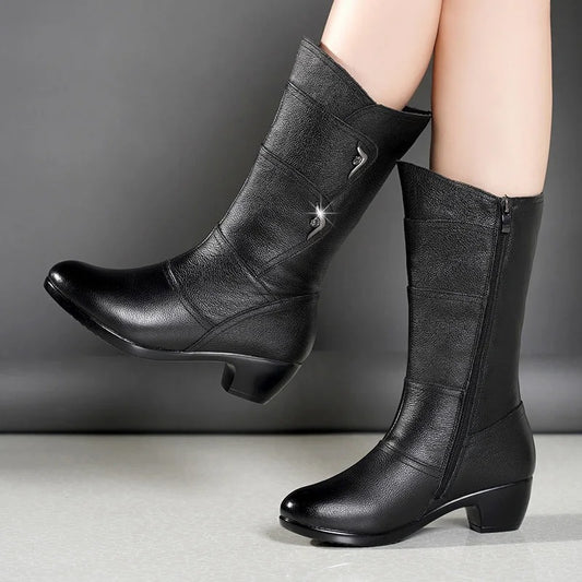 New Winter Elegant Fashion Chunky Mid-calf Boots Round