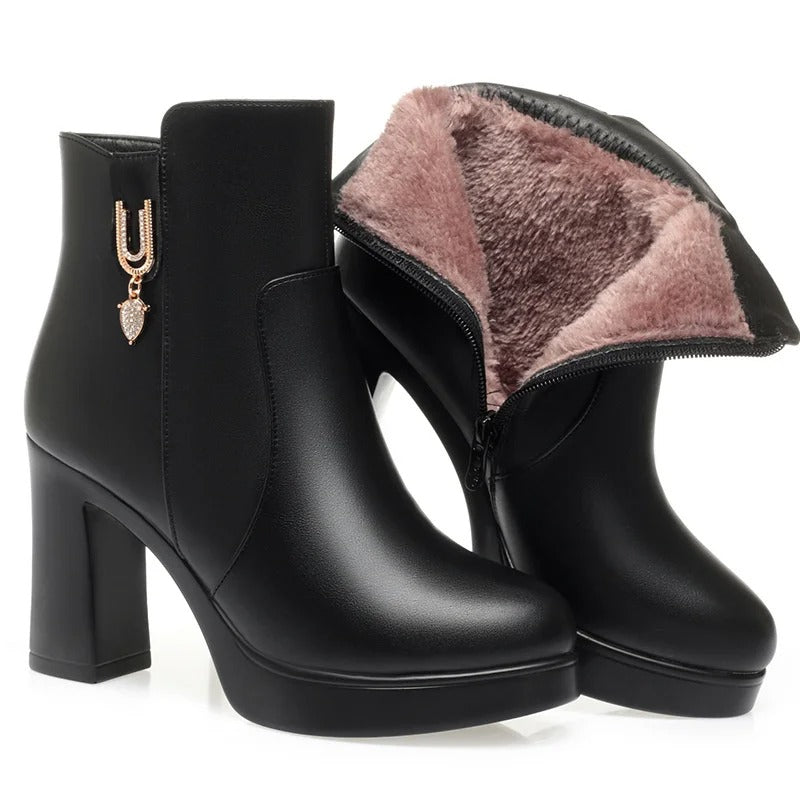 Autumn Winter Women Platform Shoes Warm Fleece Waterproof Short Leather Boots