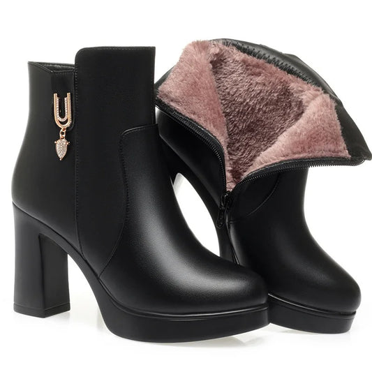 Autumn Winter Women Platform Shoes Warm Fleece Waterproof Short Leather Boots